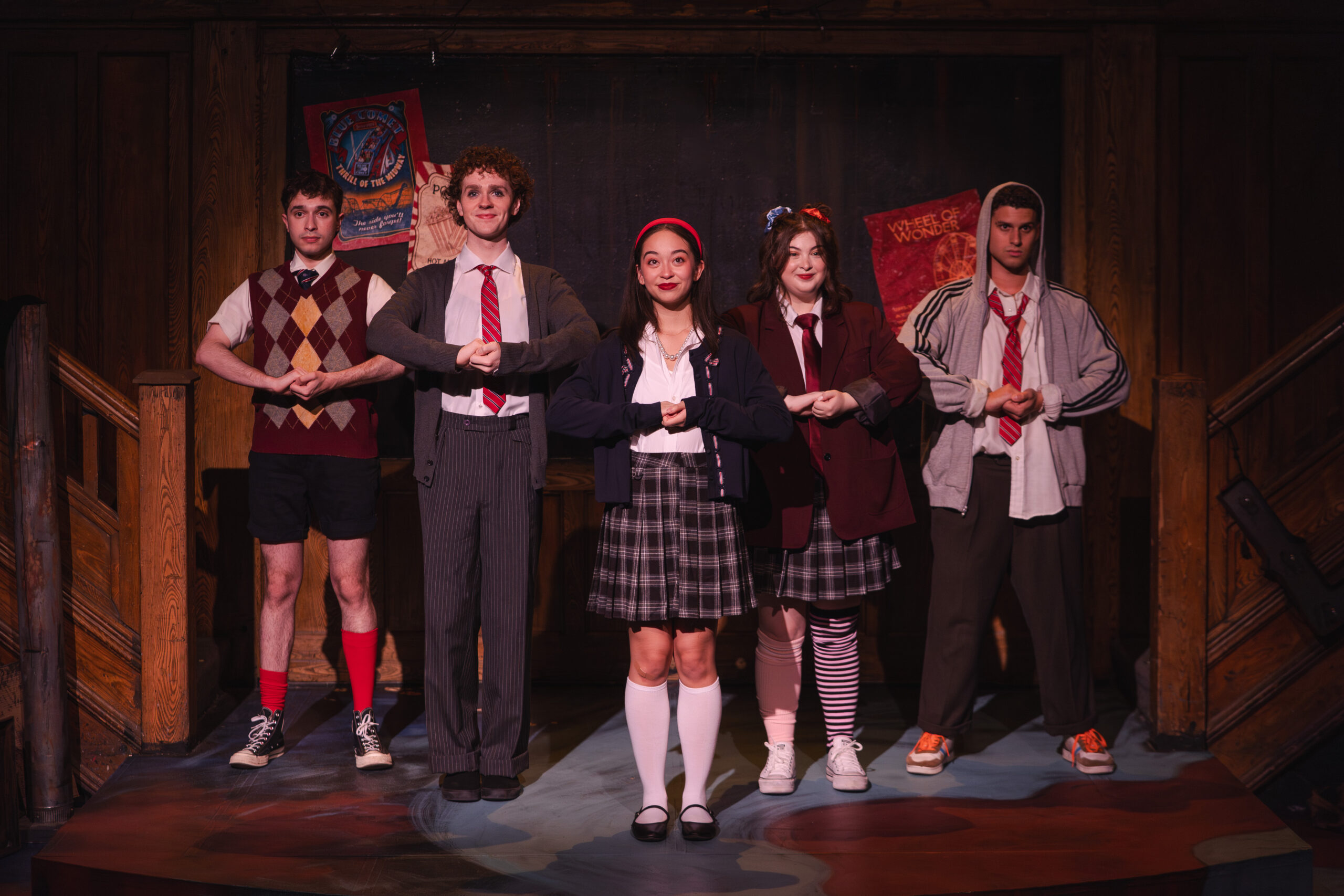 From L-R: Misha Sharivker, Eric Martin, Sarah Evasiw, Claudia Adamo, Alex Yoannou. Set Design by Meredith Wolting. Costume Design by Claudia Matas. Lighting Design by Mathilda Kane. Photo by Taylor Long.