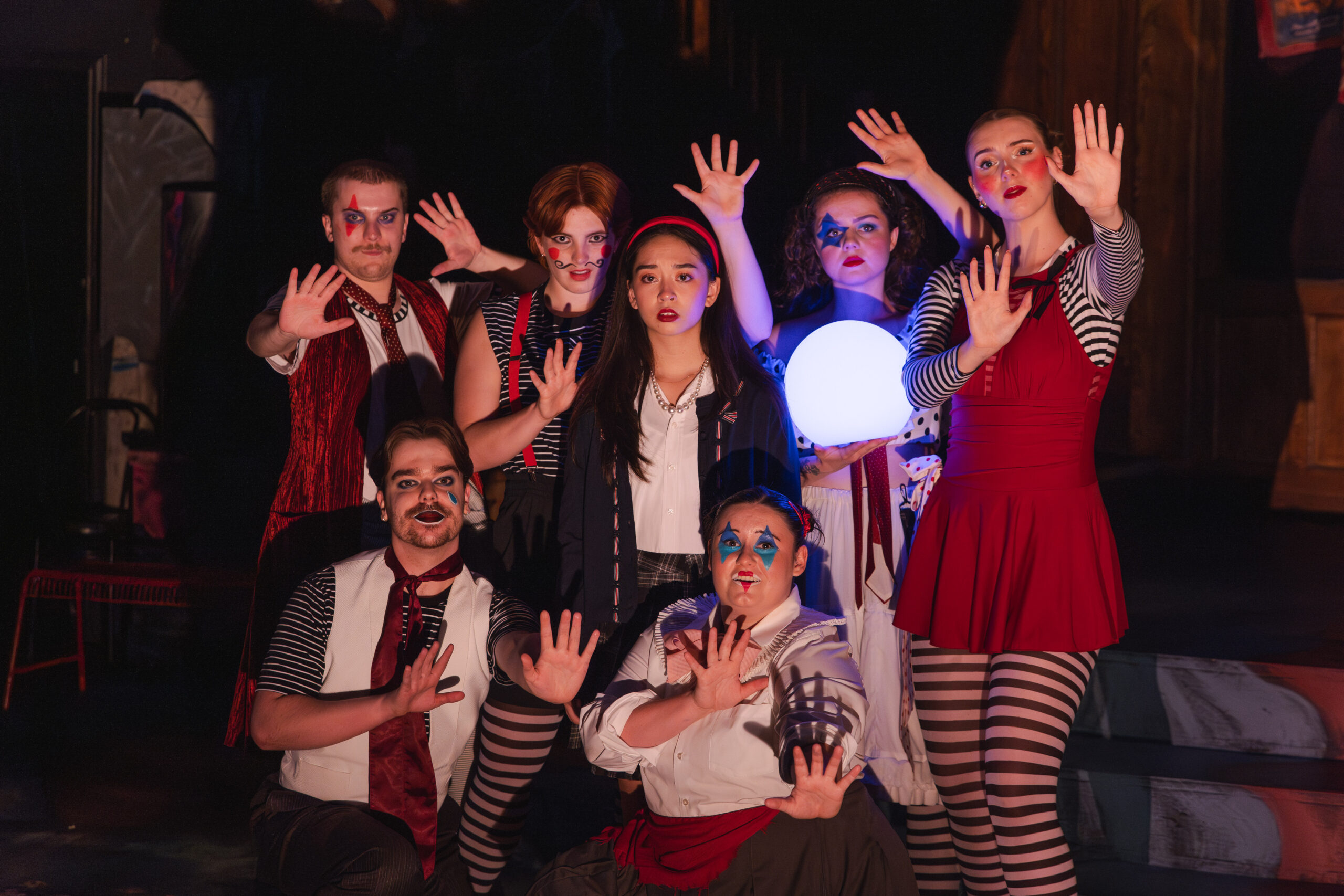 The Company of RIDE THE CYCLONE. Set Design by Meredith Wolting. Costume Design by Claudia Matas. Lighting Design by Mathilda Kane. Photo by Taylor Long.
