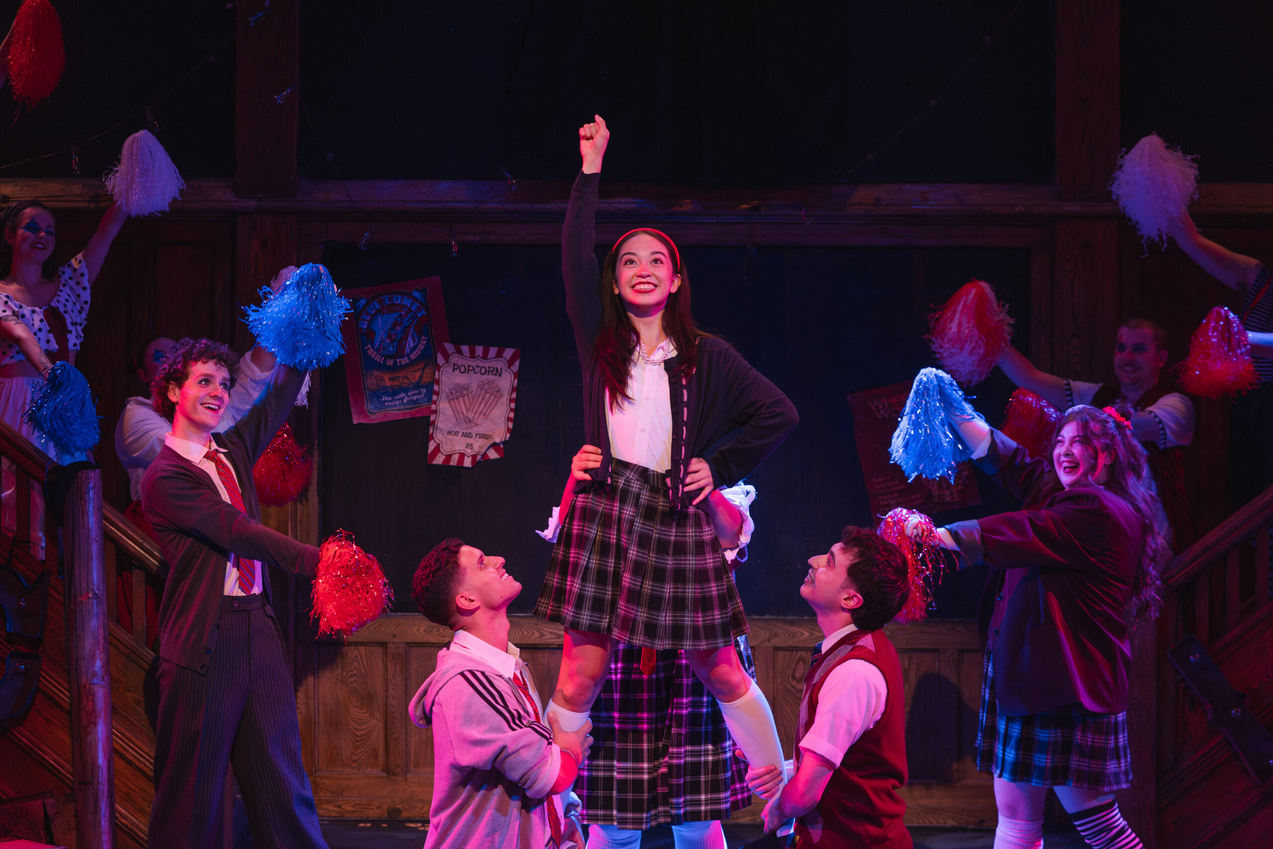 Sarah Evasiw and The Company of RIDE THE CYCLONE. Set Design by Meredith Wolting. Costume Design by Claudia Matas. Lighting Design by Mathilda Kane. Photo by Taylor Long.