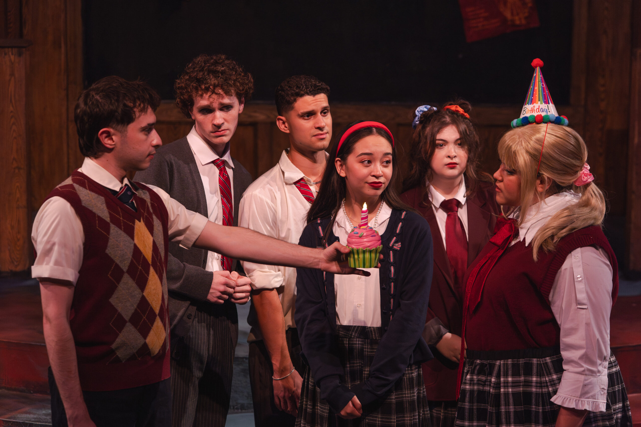 From L-R: Misha Sharivker, Eric Martin, Alex Yoannou, Sarah Evasiw, Claudia Adamo Shannon Murtagh. Set Design by Meredith Wolting. Costume Design by Claudia Matas. Lighting Design by Mathilda Kane. Photo by Taylor Long.