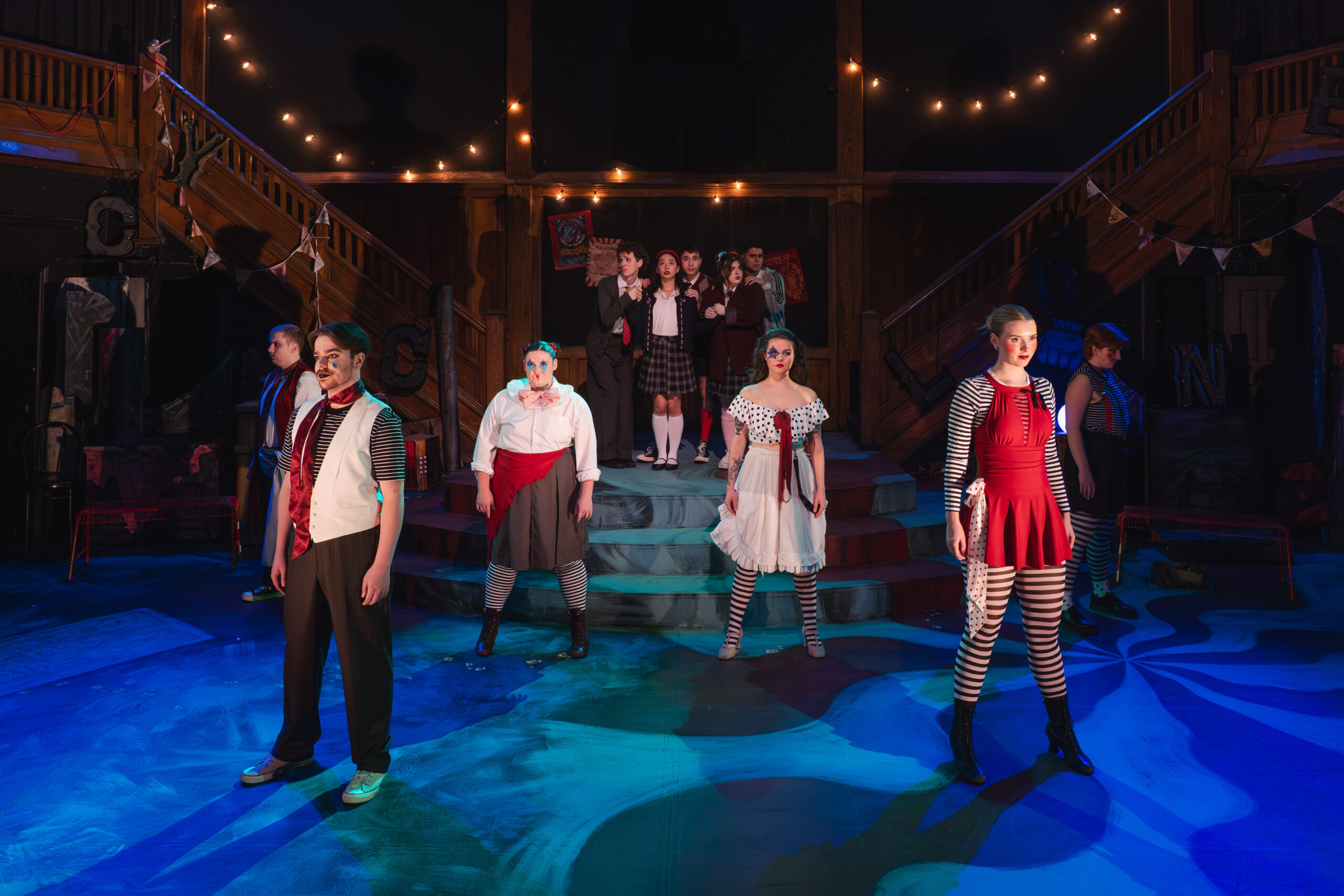 The Company of RIDE THE CYCLONE. Set Design by Meredith Wolting. Costume Design by Claudia Matas. Lighting Design by Mathilda Kane. Photo by Taylor Long.