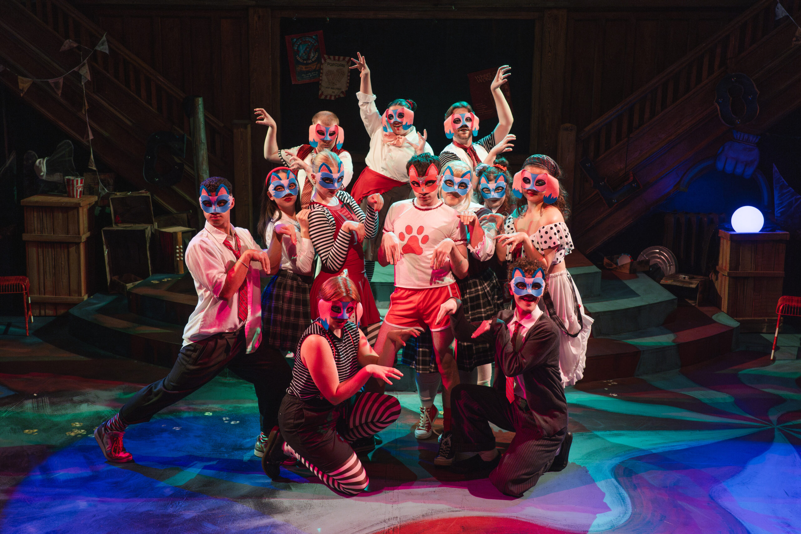 The Company of RIDE THE CYCLONE. Set Design by Meredith Wolting. Costume Design by Claudia Matas. Lighting Design by Mathilda Kane. Photo by Taylor Long.